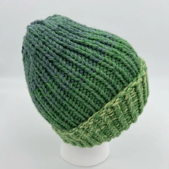 Green Ombré Hand Knit Beanie Handmade - Picture 3 of 5